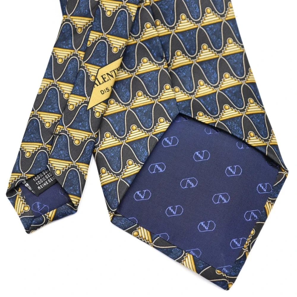 Valentino Necktie Men OS Blue Gold Geometric Silk Cravatte Italy Formal Business
